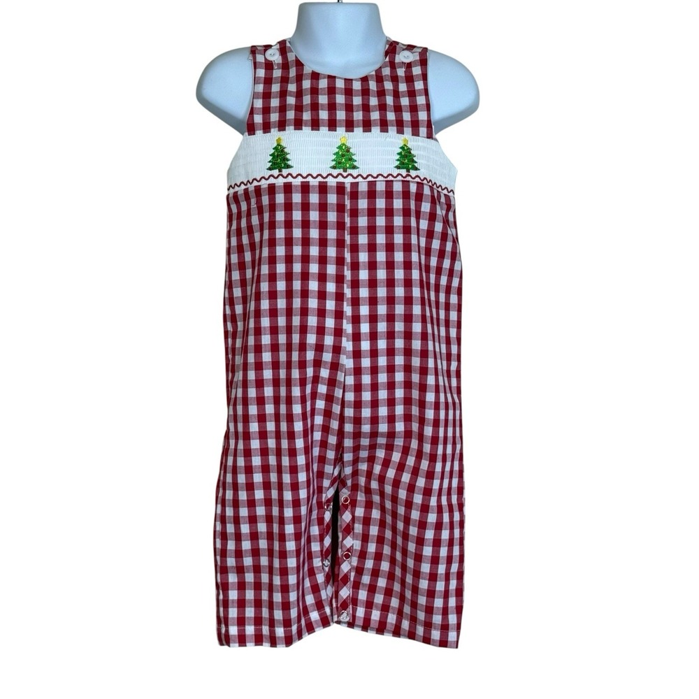Rylee Faith Christmas Tree Embroidered Smocked Red Plaid Boys Romper 18 Months